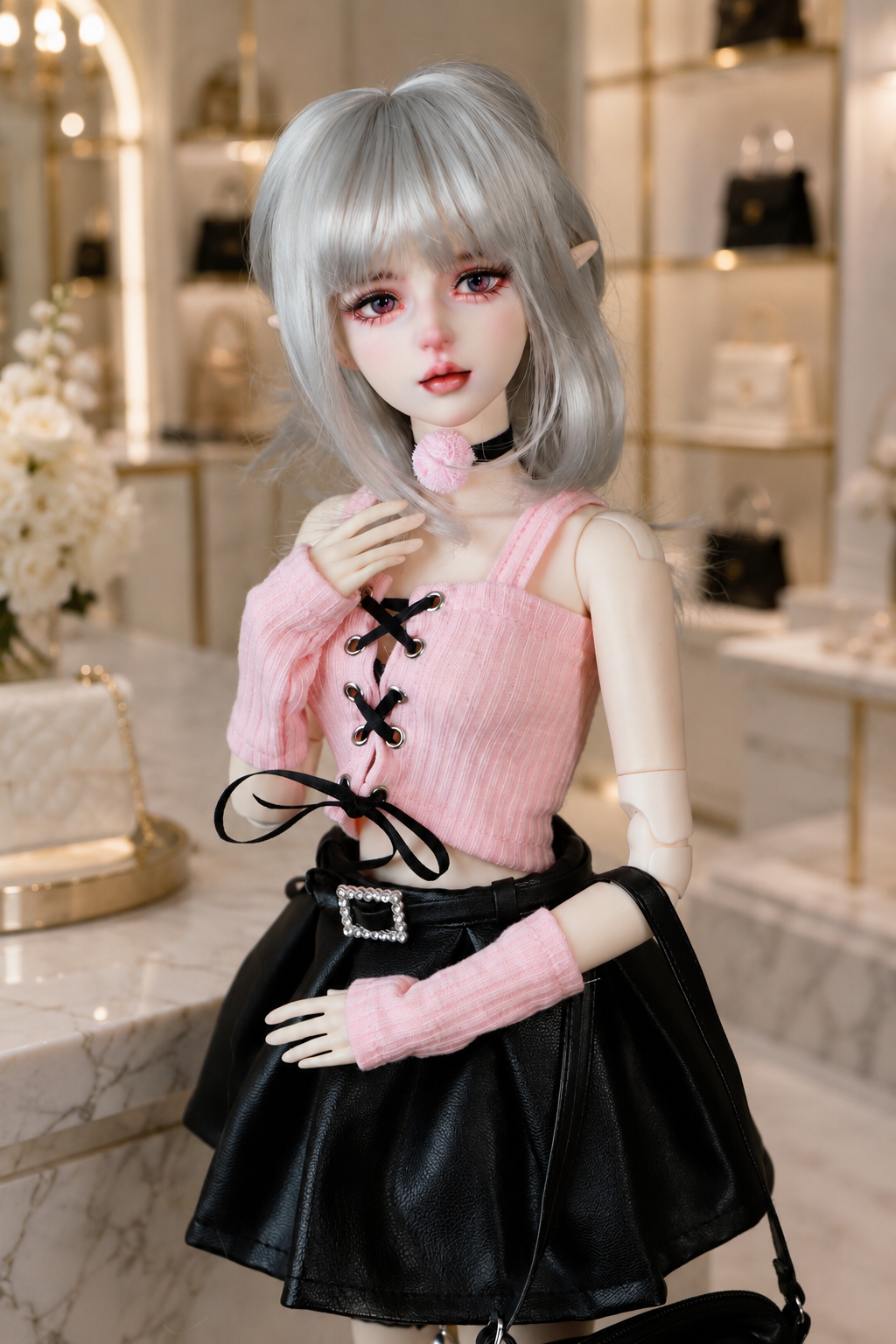 VLEYAN Hand-Painted BJD-Style Doll 1/3 Casual Freckled Doll with Denim Overalls
