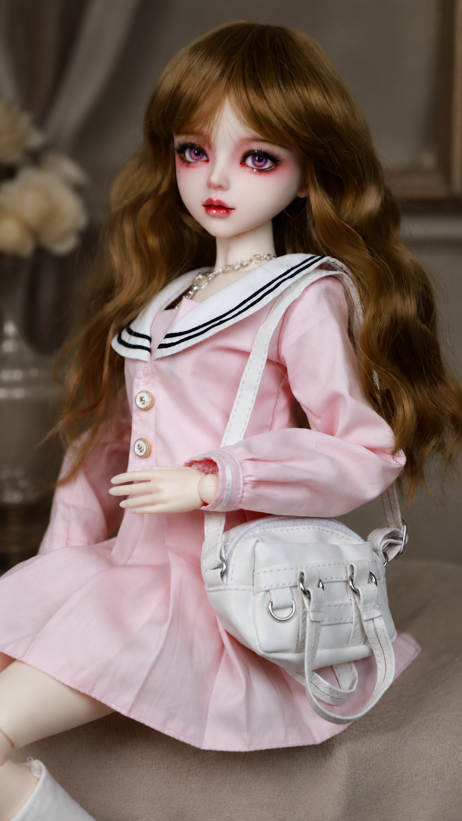 VLEYAN 1/3 BJD-Style Doll, Hand-Painted Face with Purple Eyes, 31-Joint Poseable 22.8-Inch Collectible Doll in Pink Sailor Outfit with Wig, Shoes & Accessories