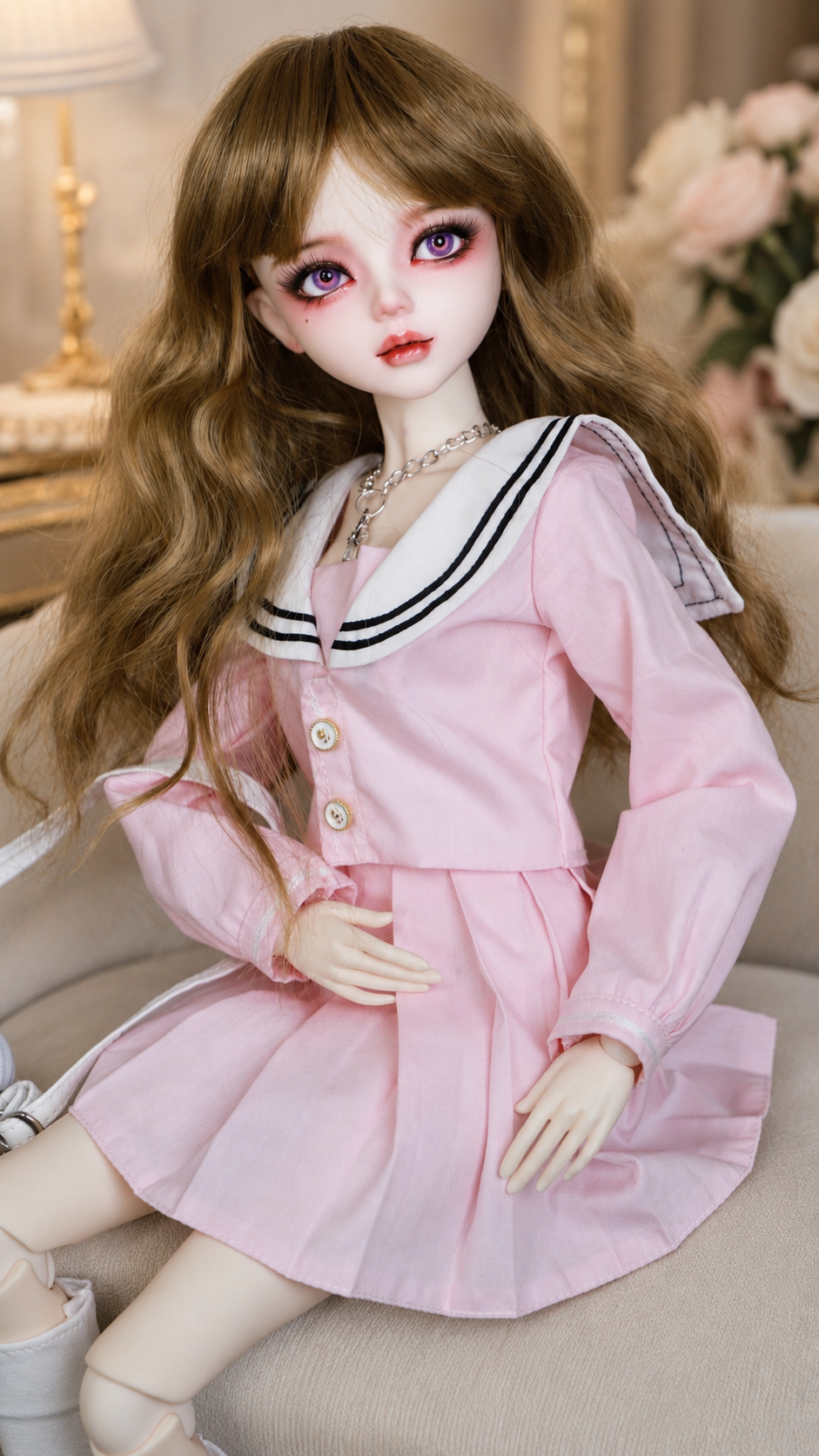 VLEYAN 1/3 BJD-Style Doll, Hand-Painted Face with Purple Eyes, 31-Joint Poseable 22.8-Inch Collectible Doll in Pink Sailor Outfit with Wig, Shoes & Accessories - Image 3