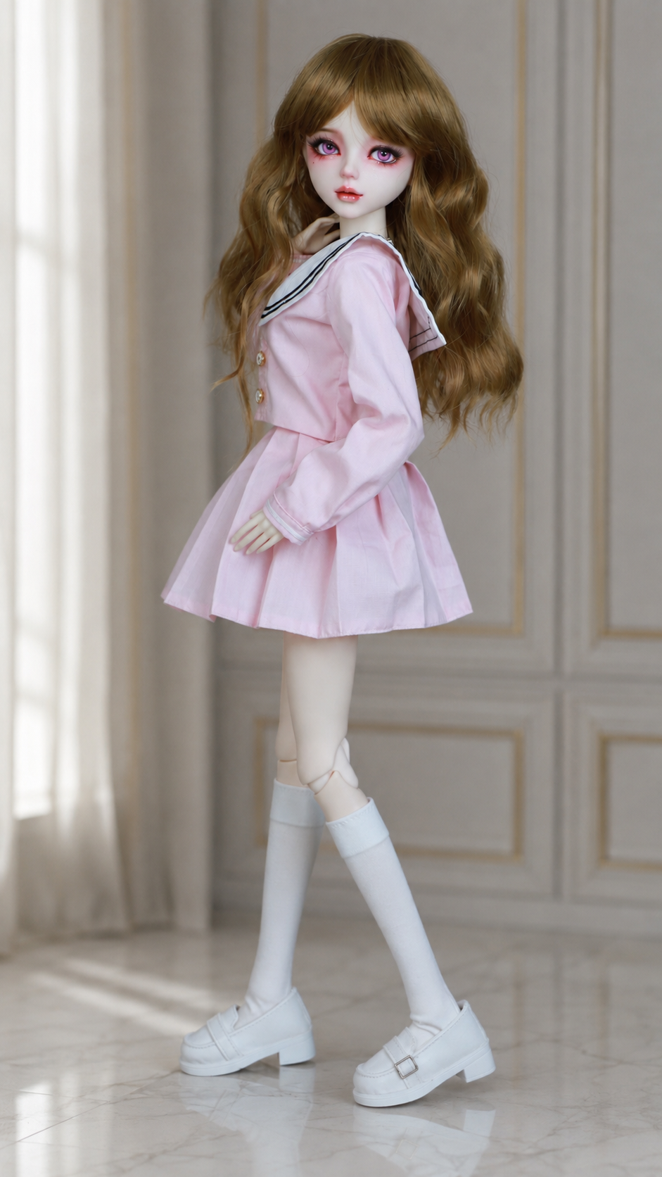 VLEYAN 1/3 BJD-Style Doll, Hand-Painted Face with Purple Eyes, 31-Joint Poseable 22.8-Inch Collectible Doll in Pink Sailor Outfit with Wig, Shoes & Accessories - Image 4