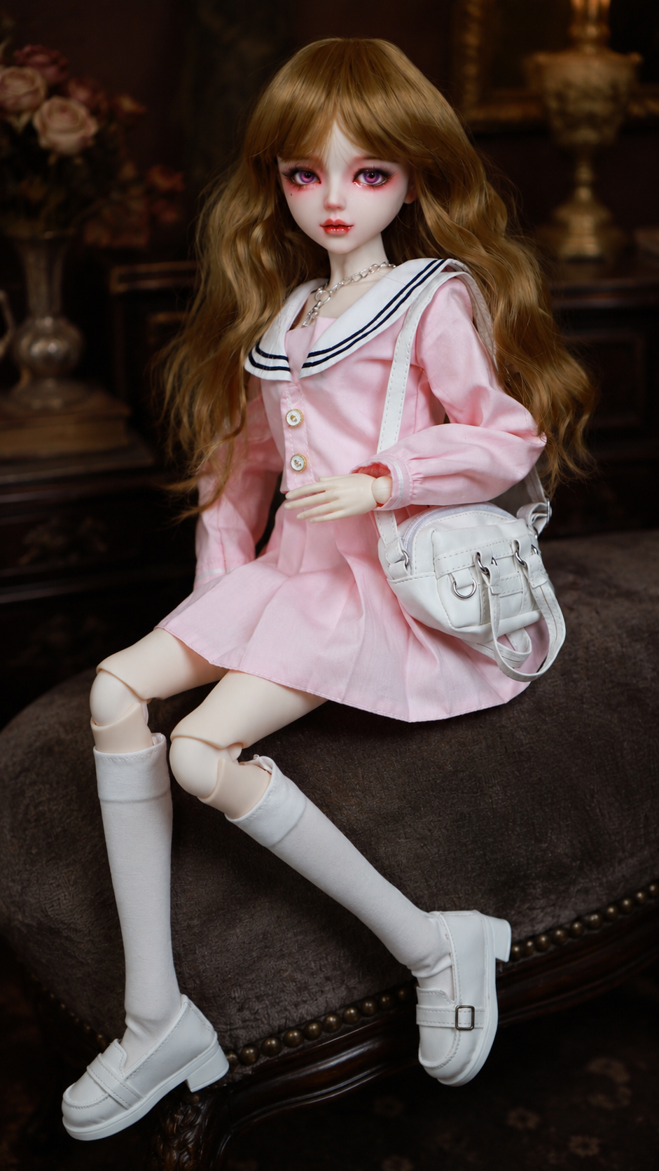 VLEYAN 1/3 BJD-Style Doll, Hand-Painted Face with Purple Eyes, 31-Joint Poseable 22.8-Inch Collectible Doll in Pink Sailor Outfit with Wig, Shoes & Accessories - Image 6
